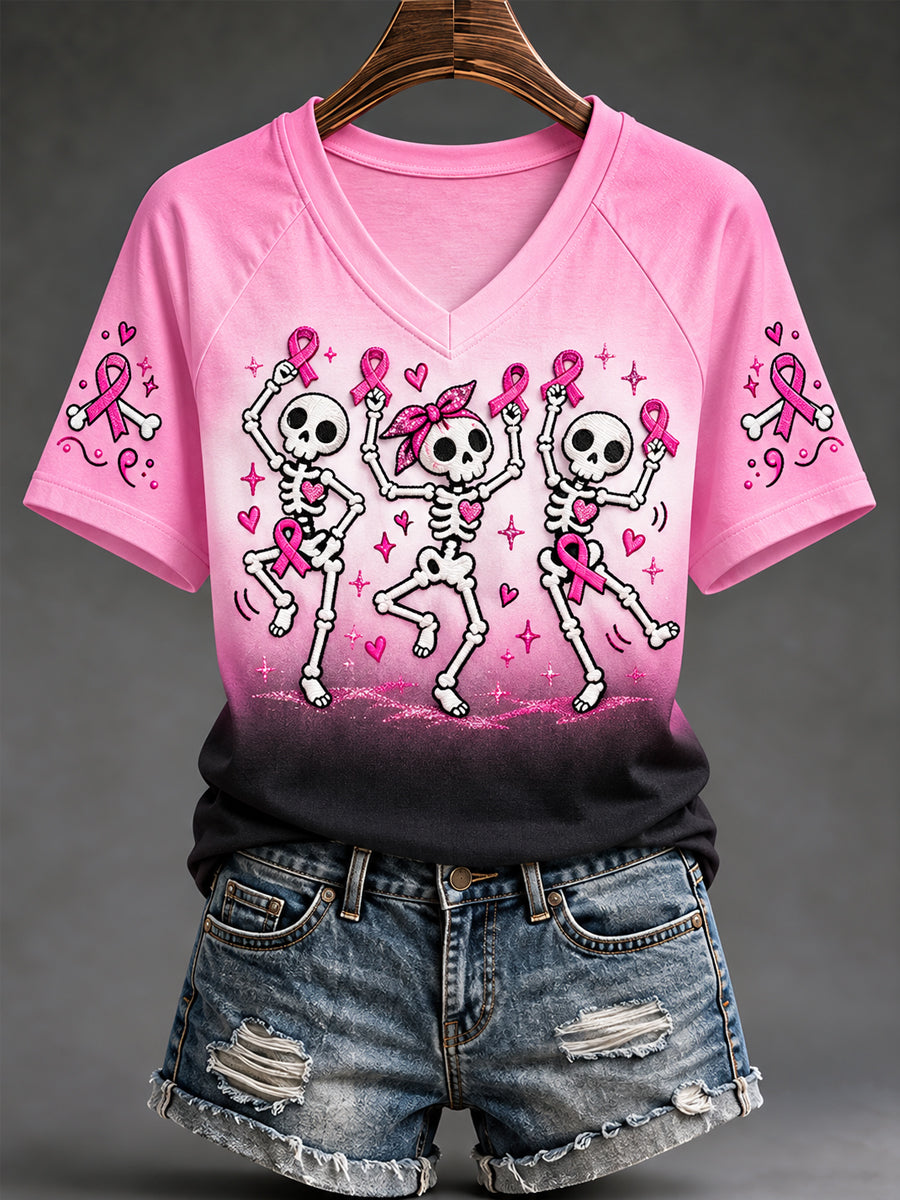 Women's Pink Ribbon Skeletons Print Breast Cancer Awareness Support V-Neck Tee