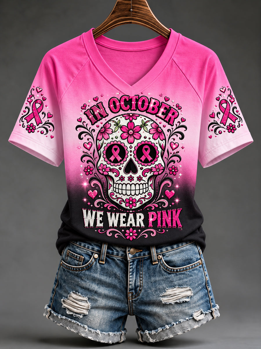 Women's Pink Ribbon Skull Print Breast Cancer Awareness Support V-Neck Tee