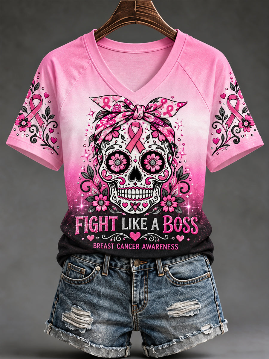 Women's Pink Ribbon Skull Print Breast Cancer Awareness Support V-Neck Tee