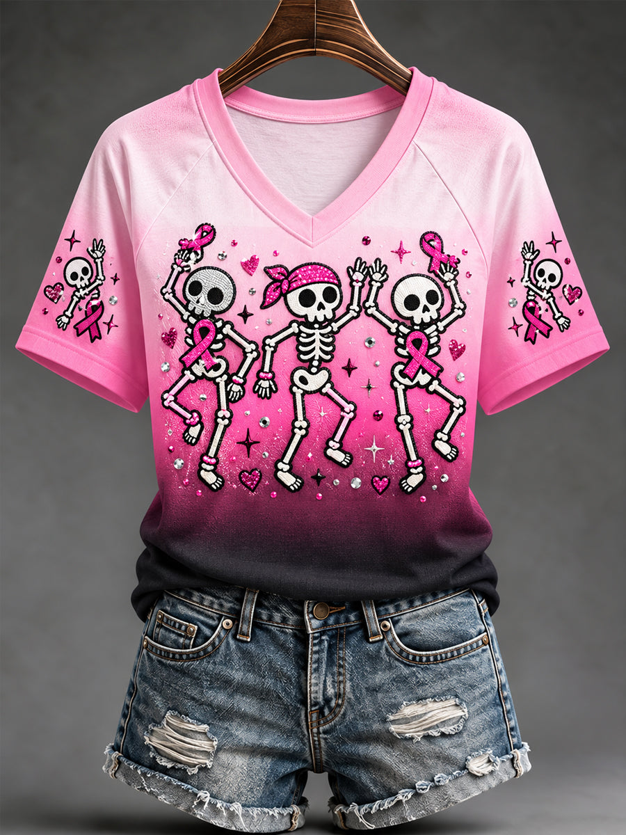 Women's Pink Ribbon Skeletons Print Breast Cancer Awareness Support V-Neck Tee