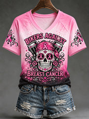 Women's Pink Ribbon Skull Print Breast Cancer Awareness Support V-Neck Tee