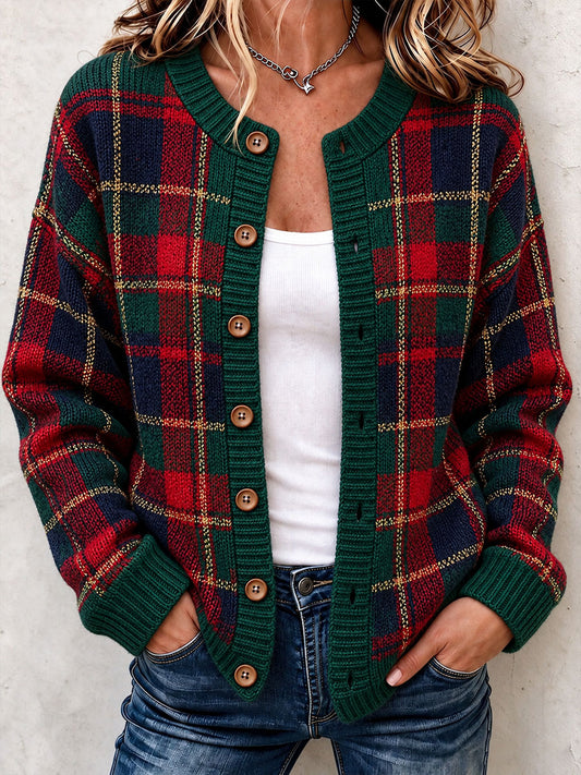 Women's Christmas Plaid Cozy Knit Cardigan