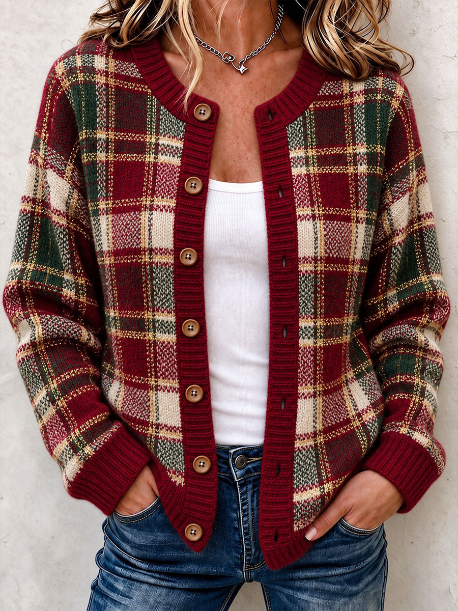 Women's Christmas Plaid Cozy Knit Cardigan