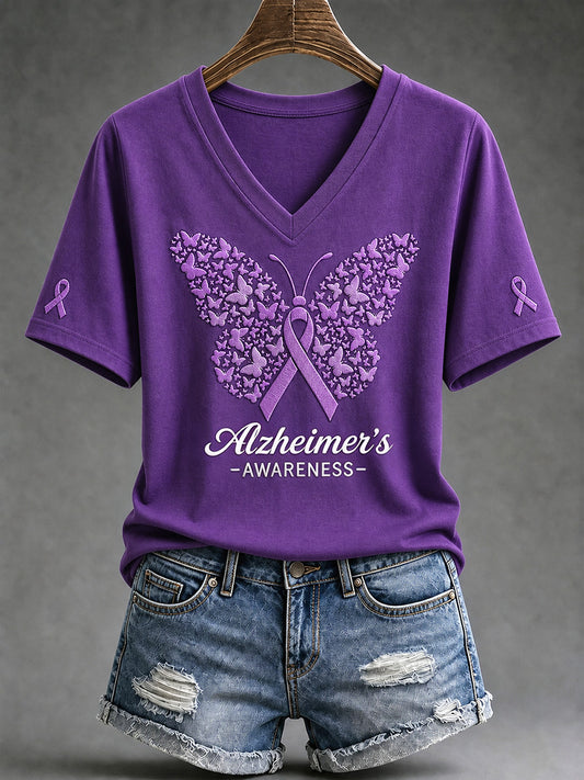 Women's Purple Floral & Alzheimer's Awareness Support Print V-Neck Tee