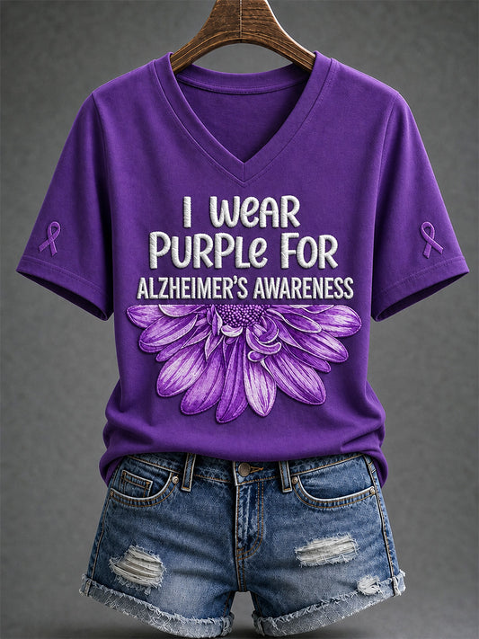 Women's Purple Floral & Alzheimer's Awareness Support Print V-Neck Tee