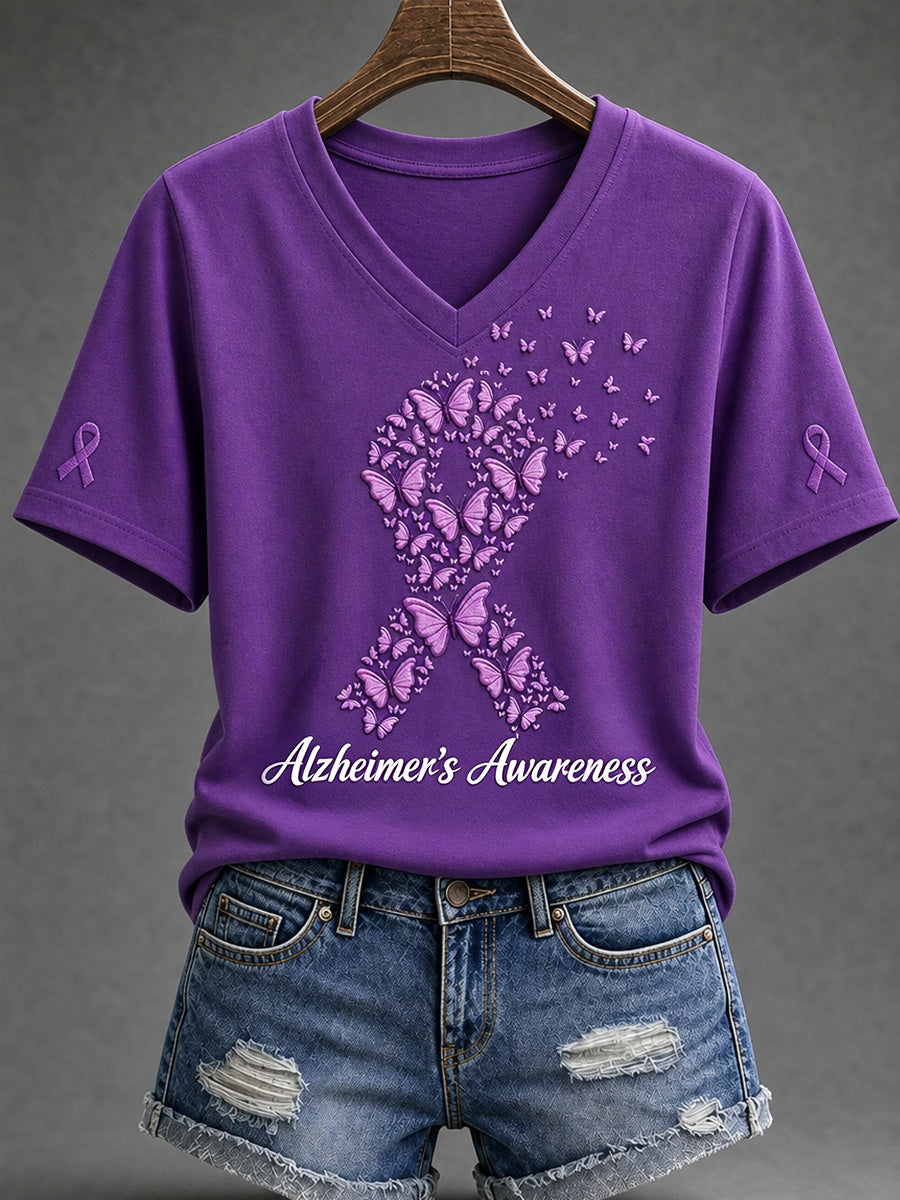 Women's Purple Floral & Alzheimer's Awareness Support Print V-Neck Tee