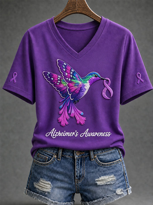 Women's Purple Floral & Alzheimer's Awareness Support Print V-Neck Tee