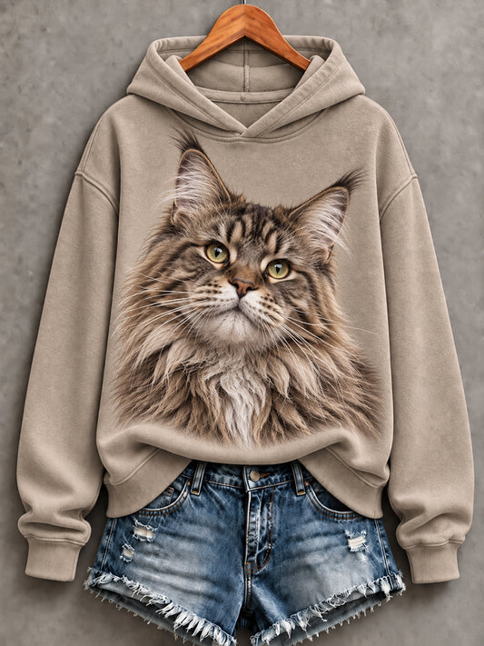 Women's Cute Maine Coon Cat Print Comfy Hoodie