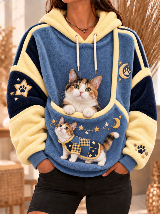 Women's Pastoral-Style Mixed-Breed Cat Flannel Hoodies