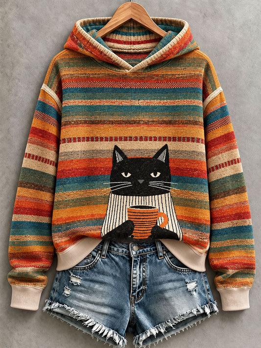 Women's Striped Artistic Cat Hoodie