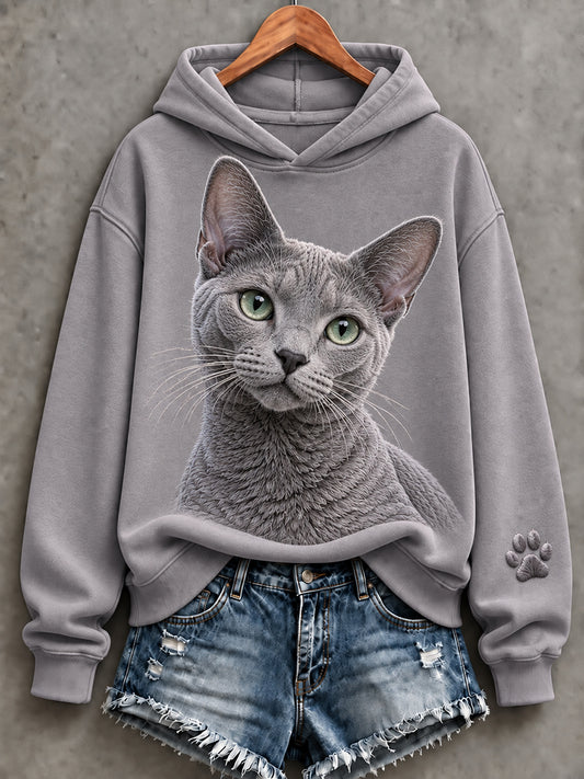 Women's Cute Russian Blue Cat Print Comfy Hoodie