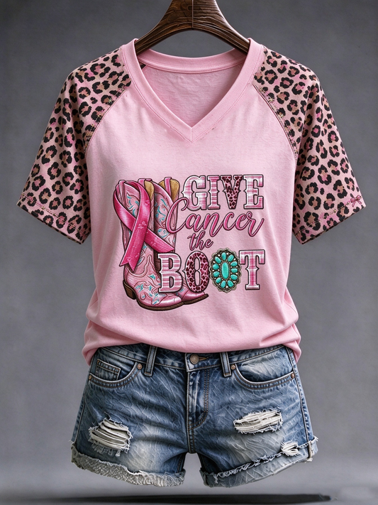 Women's Western-style breast cancer Printed V-neck off-shoulder short-sleeved T-shirt