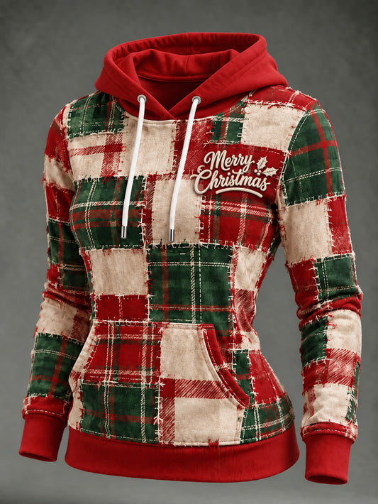 Women's Christmas-themed color-blocked checkered design casual hoodie