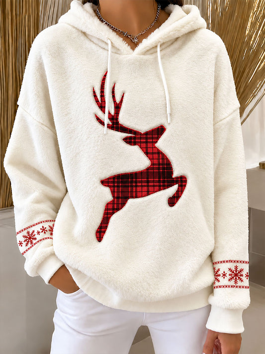 Women's Christmas Reindeer Print Flannel Hoodie