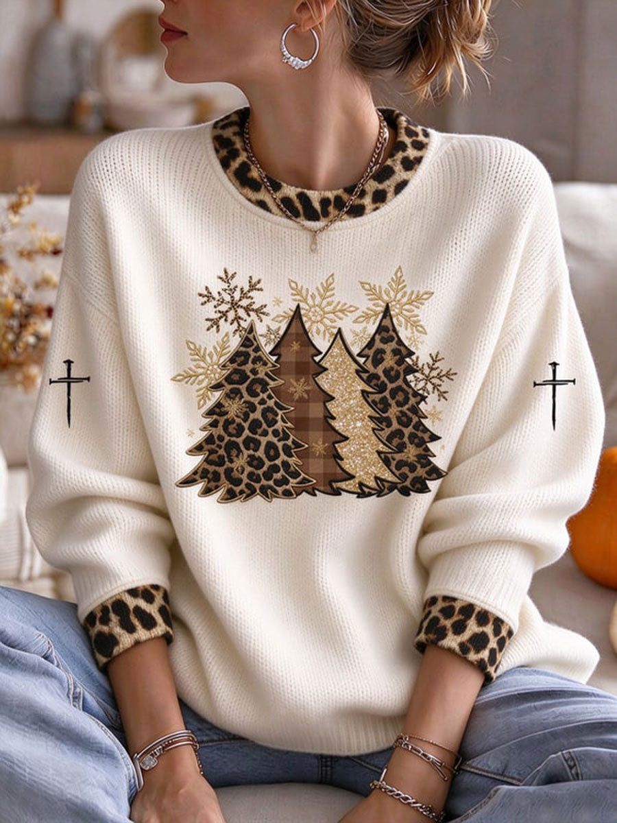 Women's Leopard Print Christmas Tree Crew Neck Sweater