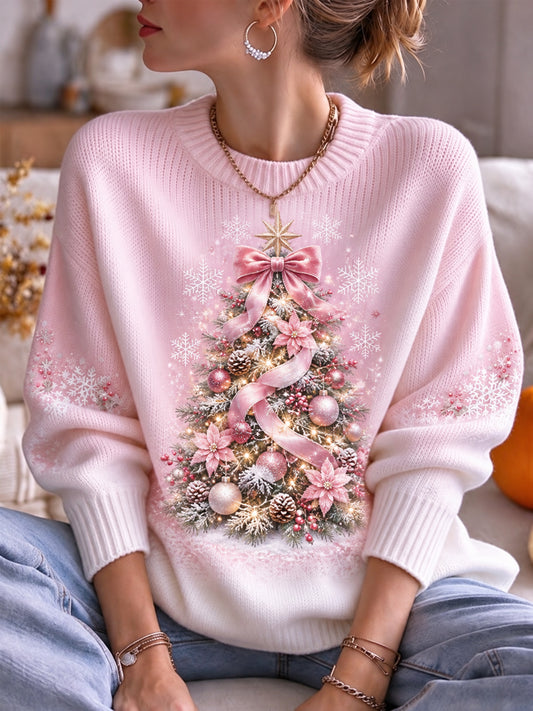 Women's Pink Christmas Tree Print Casual Sweater