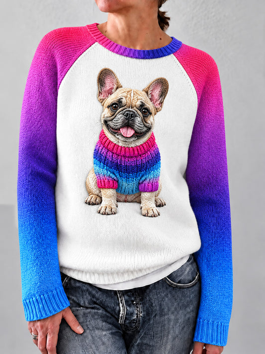 Women's Cute French Bulldog Print Contrast Color Sleeves Cozy Sweater