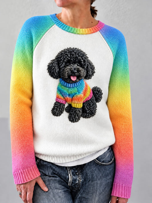 Women's Cute Poodle Dog Print Contrast Color Sleeves Cozy Sweater