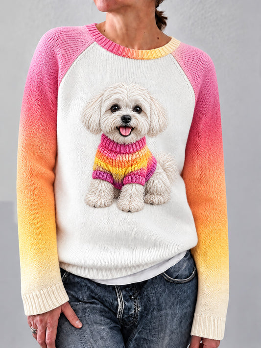 Women's Cute Maltese Dog Print Contrast Color Sleeves Cozy Sweater