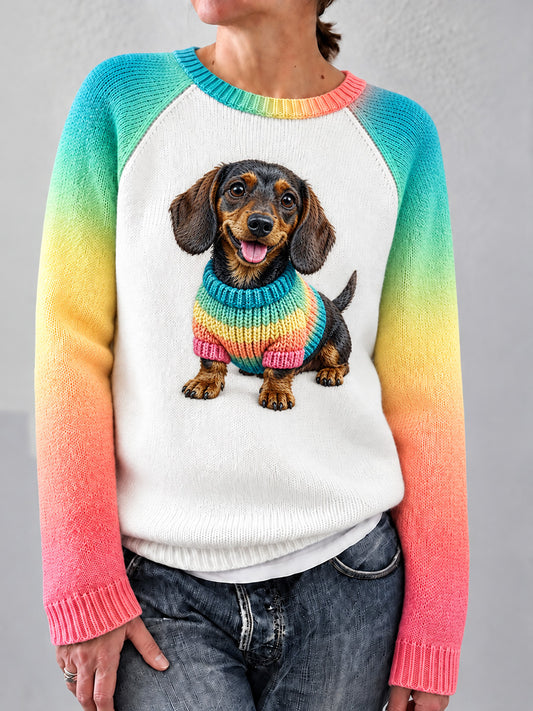 Women's Cute Dachshund Print Contrast Color Sleeves Cozy Sweater