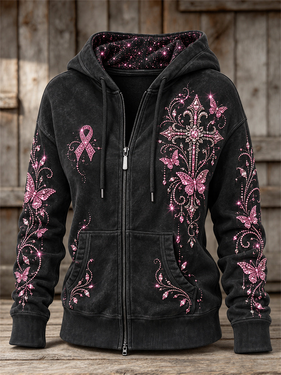 Women's Vintage Pink Ribbon Gothic Cross & Butterflies Glitter Print Full Zip Hoodie