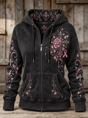 Women's Vintage Pink Ribbon Gothic Cross & Roses Floral Glitter Print Full Zip Hoodie