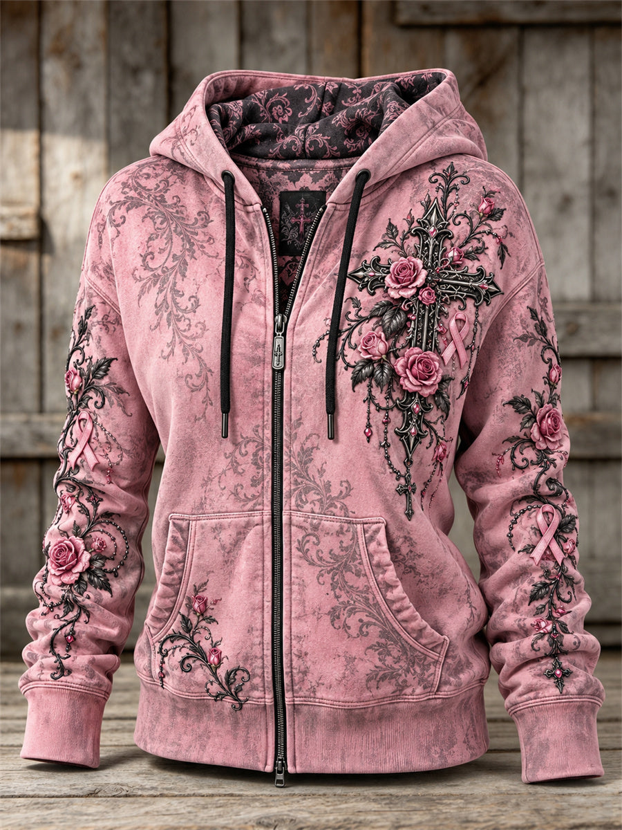Women's Vintage Pink Ribbon Gothic Cross Roses Floral Art Print Full Zip Hoodie