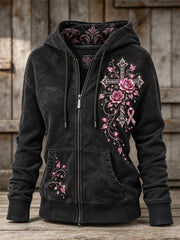 Women's Vintage Pink Ribbon Gothic Cross & Roses Floral Glitter Print Full Zip Hoodie