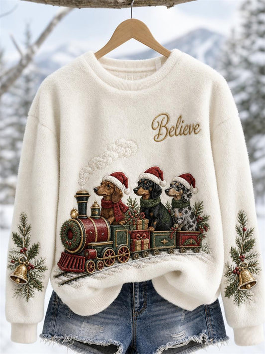 Women's Vintage Believe Christmas Train & Dachshund Dogs Print Cozy Flannel Sweatshirt