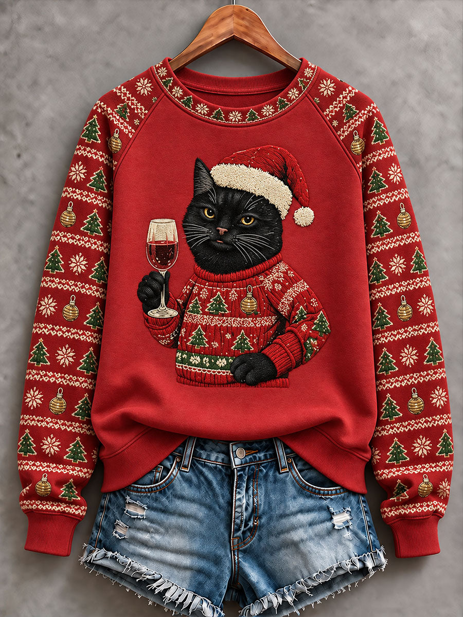 Women's Christmas Balck Cat Print Sweatshirt