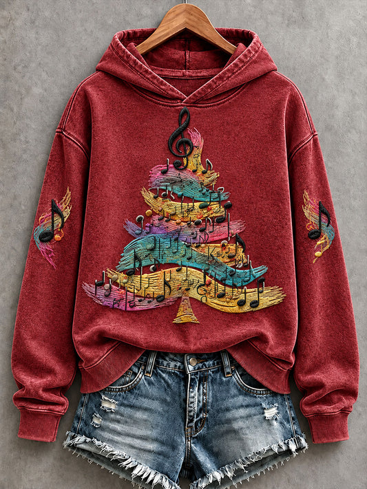 Women's Vintage Musical Notes Christmas Tree Print Cozy Hoodie