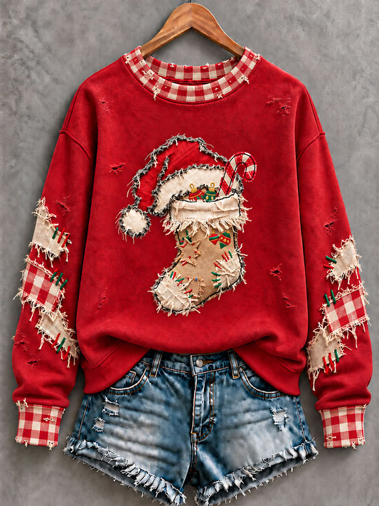 Women's Vintage Christmas Sock Art Regular Sweatshirt