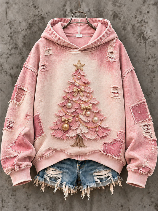 Women's Vintage Christmas Tree Pink Christmas Print Regular Sweatshirt