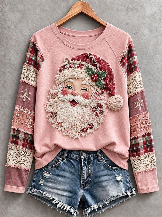 Women's Pink Santa Patchwork Art Long-Sleeve T-Shirt