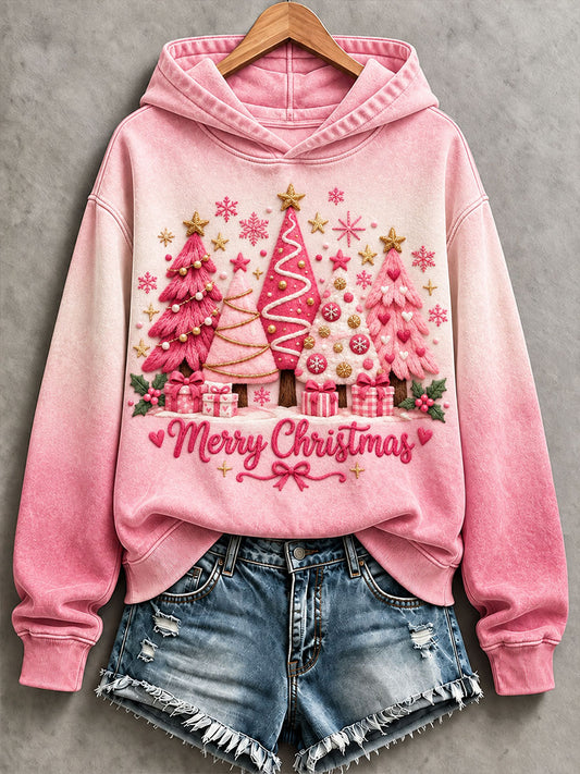 Women's Vintage Christmas Tree Pink Christmas Print Regular Sweatshirt