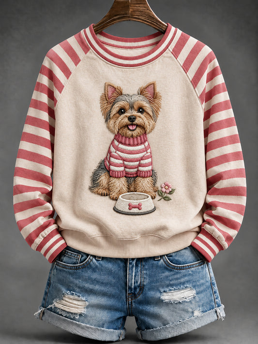 Women's Cute Yorkshire Terrier Dog Print Striped Raglan Sleeve Sweatshirt