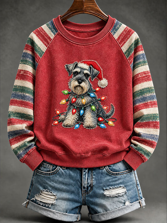 Women's Vintage Christmas Schnauzer Print Raglan Sweatshirt