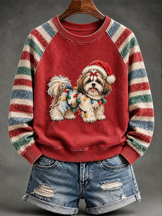 Women's Vintage Christmas Shih Tzu Print Raglan Sweatshirt