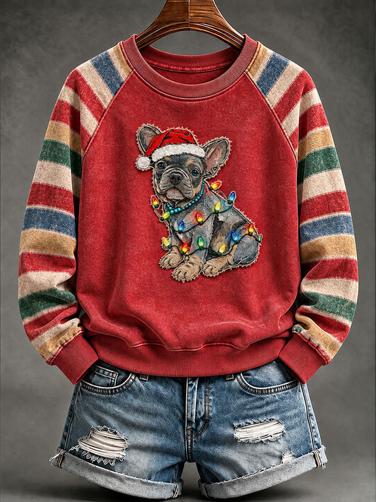 Women's Vintage Christmas French Bulldog Print Raglan Sleeve Sweatshirt