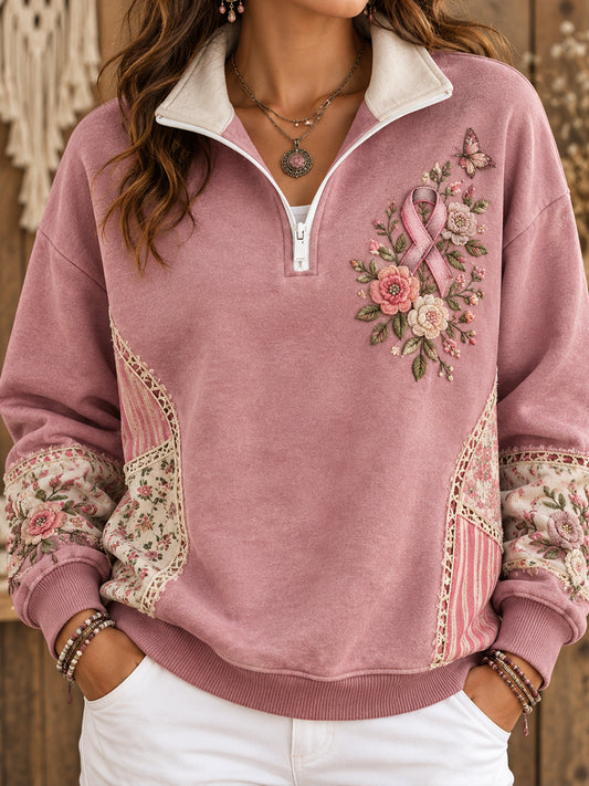 Women's Bohemian Style Breast Cancer Awareness Floral Art Printed Sweatshirt