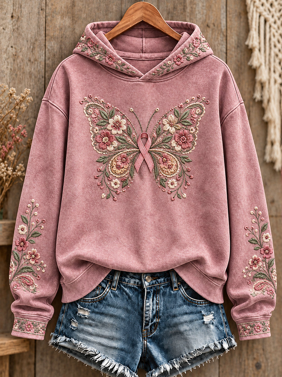 Women's Bohemian Style Breast Cancer Awareness Floral Art Printed Hoodie