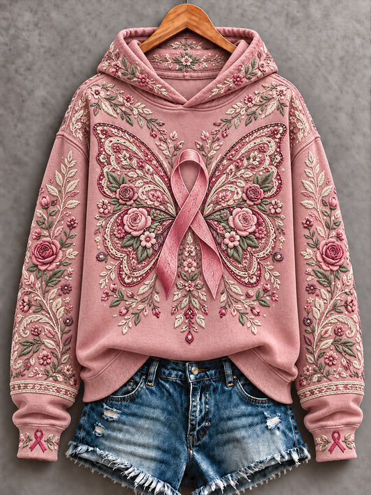 Women's Bohemian Style Breast Cancer Awareness Floral Art Printed Hoodie