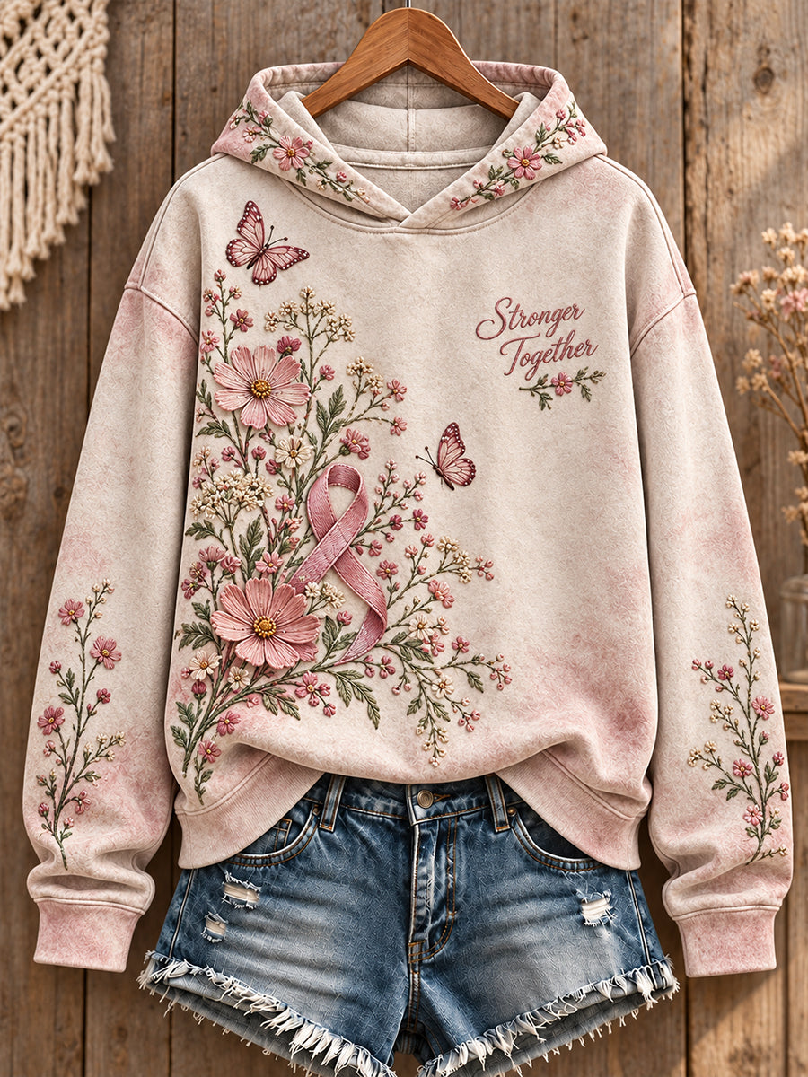 Women's Bohemian Style Breast Cancer Awareness Floral Art Printed Hoodie