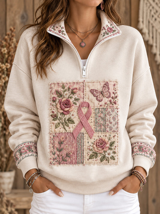 Women's Bohemian Style Breast Cancer Awareness Floral Art Printed Sweatshirt