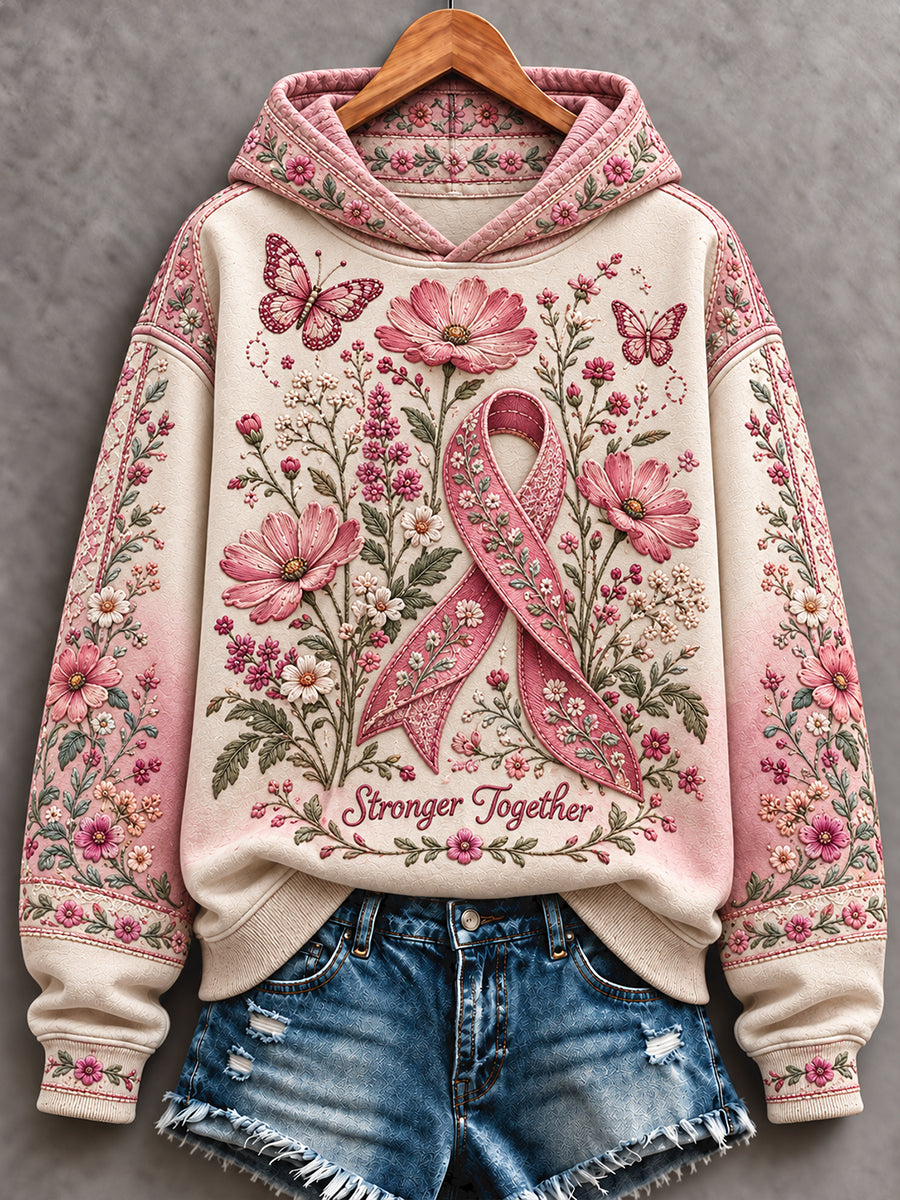 Women's Bohemian Style Breast Cancer Awareness Floral Art Printed Hoodie