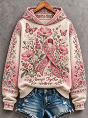 Women's Bohemian Style Breast Cancer Awareness Floral Art Printed Hoodie