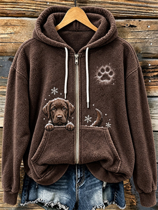 Women's Cute Peeking Chocolate Labrador Retriever Dog & Paw Print Cozy Flannel Jacket
