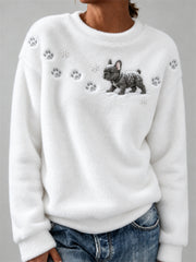 Women's French Bulldog in the Snow Paw Prints & Snowflakes Print Cozy Flannel Sweatshirt