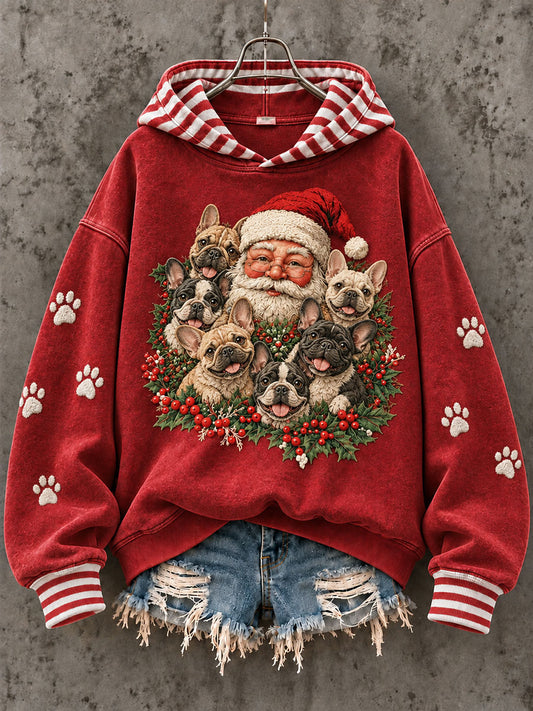 Women's Santa Claus and French Bulldog Christmas Print Sweatshirt