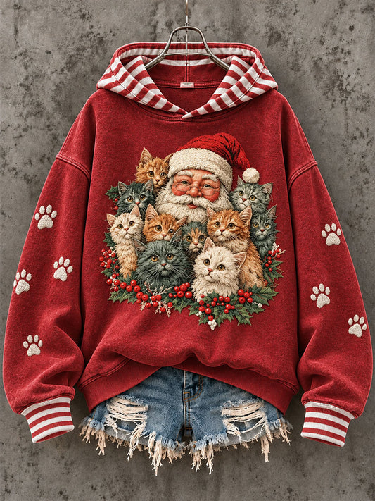 Women's Santa Claus and Cat Christmas Print Sweatshirt